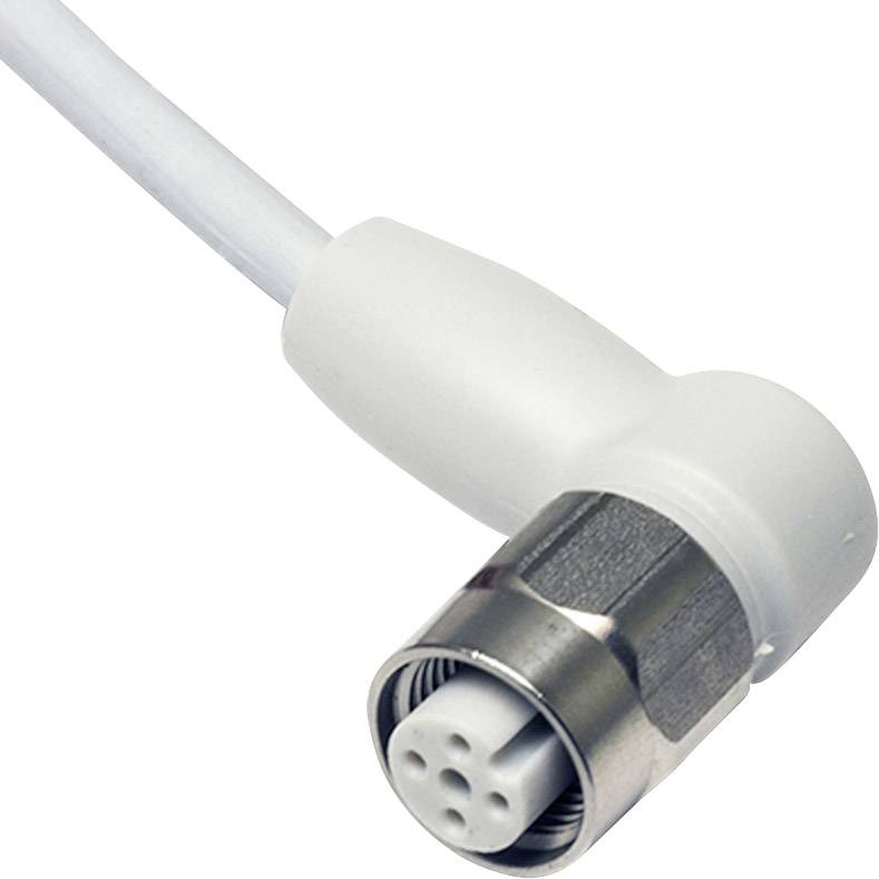 Bijeli kabel s okruglim metalnim utikačem koji ima pet rupa.