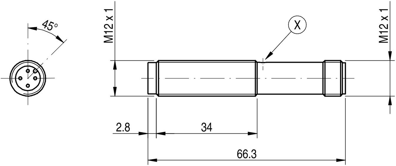 Tehnički nacrt cilindričnog utikača s M12 navojem. Dimenzije: dužina 66,3 mm, promjer nije naveden. Pogled pod 45° i precizno mjerenje '34'.