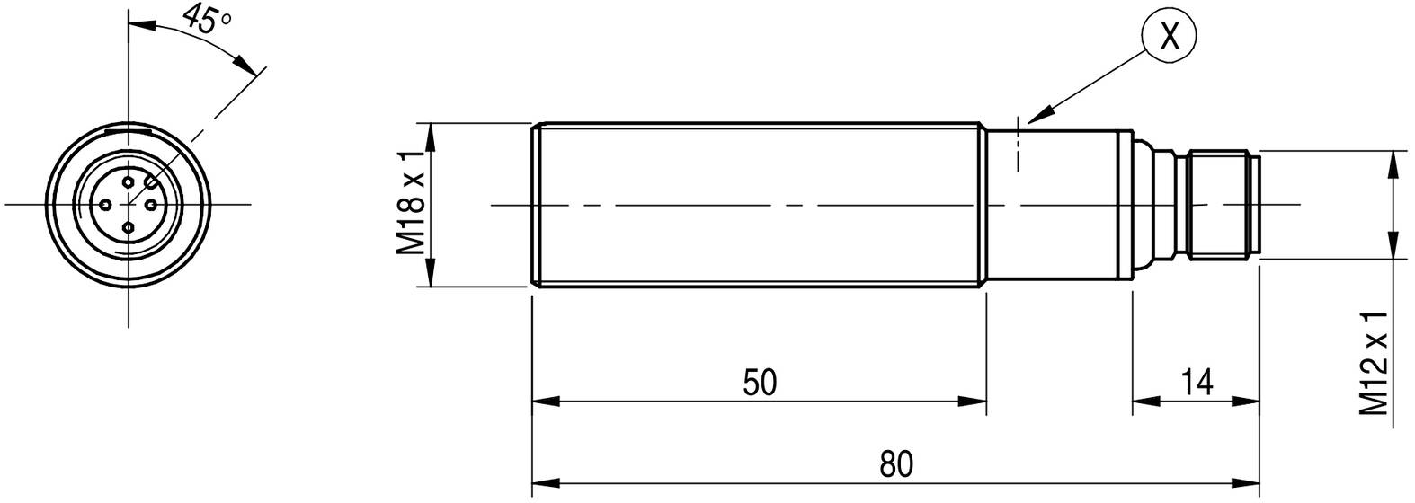 Tehnički nacrt cilindričnog senzora s M18x1 navojem i duljinom od 80 mm. Bočni i čeoni pogled s dimenzijama.