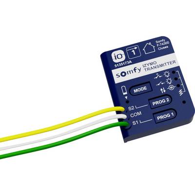 Mali plavi IoT predajnik s natpisom 'Somfy IZYYMO TRANSMITTER', opremljen je više simbolima i pet kabelskih priključaka.