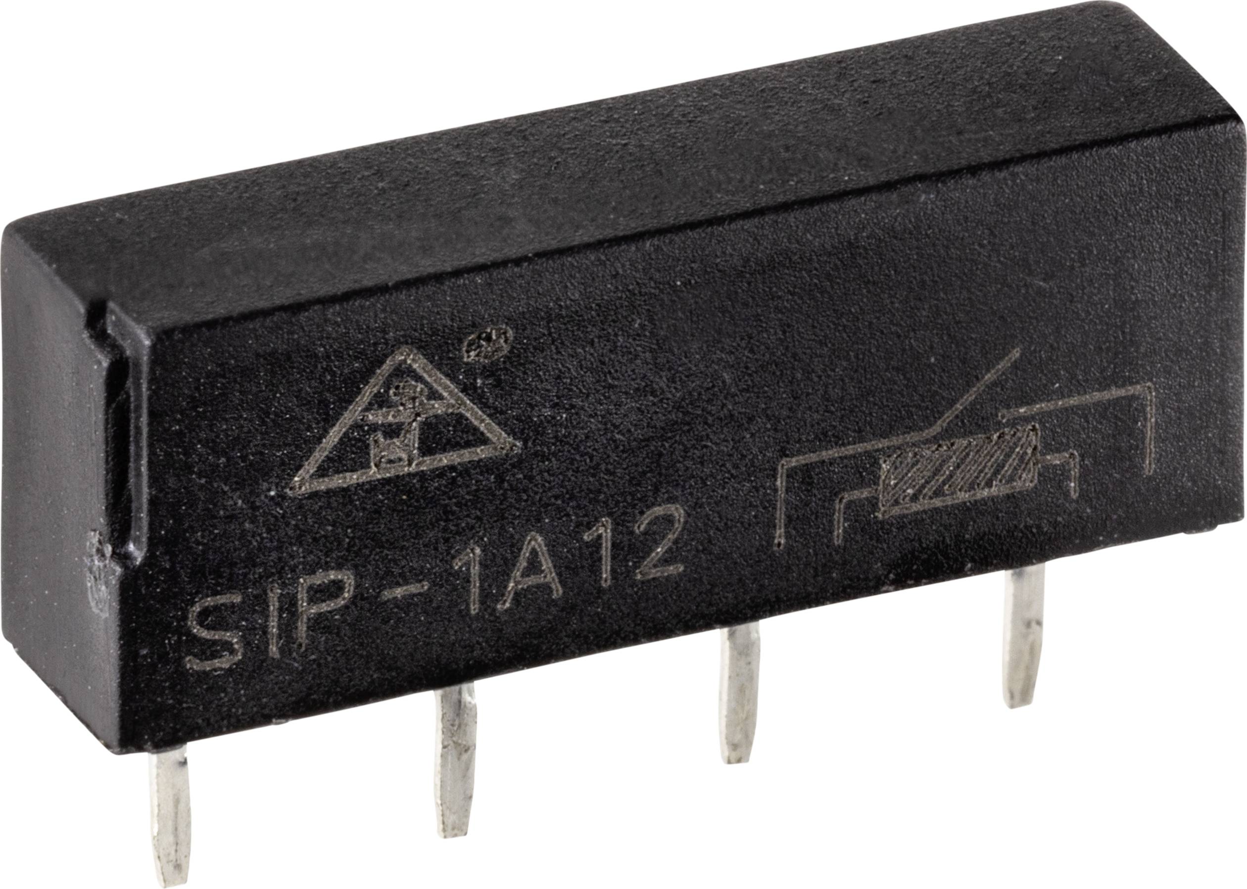 Crni relej s četiri metalna pina, oznake 'SIP-1A12'. Elektronička komponenta za električne sklopove.