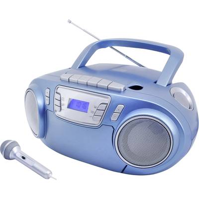 Plavi prijenosni radio-kasetofon s ekranom i mikrofonom, na čijem displeju piše vrijeme '10:16'.