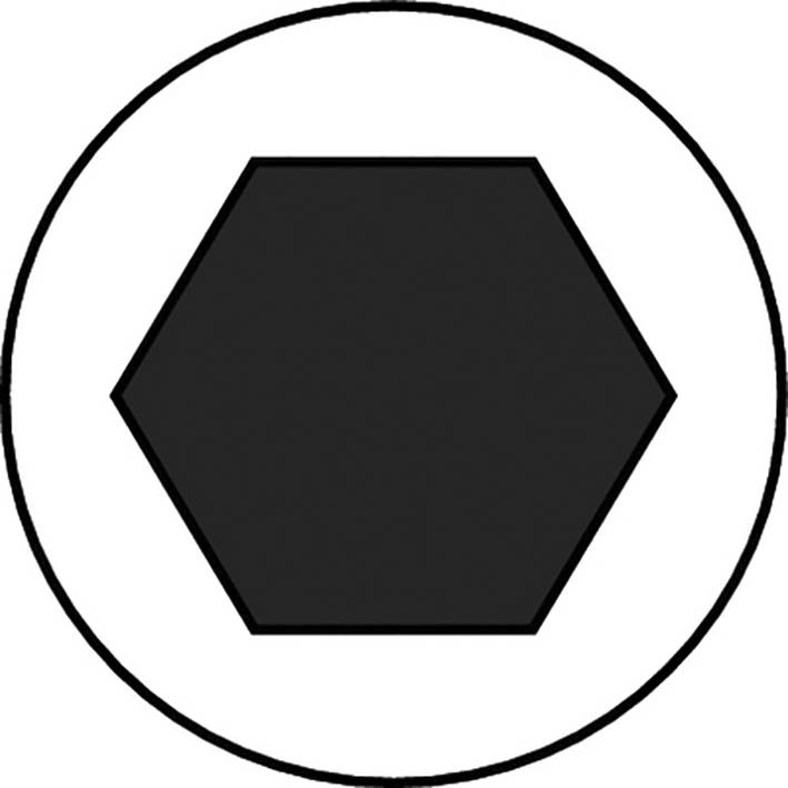 Crni šesterokut u bijelom krugu na bijeloj pozadini. Geometrijski, kontrastni prikaz.