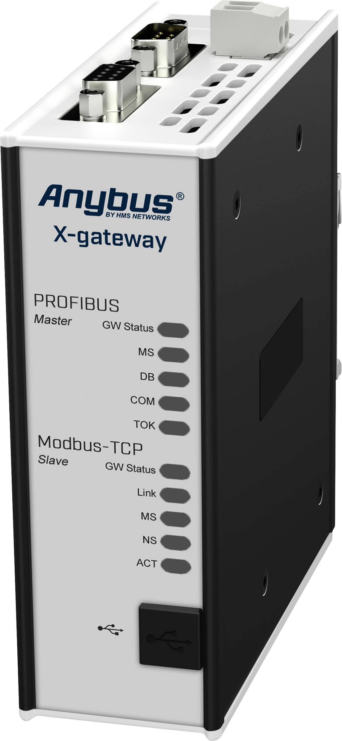 Anybus X-gateway za povezivanje PROFIBUS i Modbus-TCP mreža, prikazuje različite statusne LED indikatore i priključke na prednjoj strani.