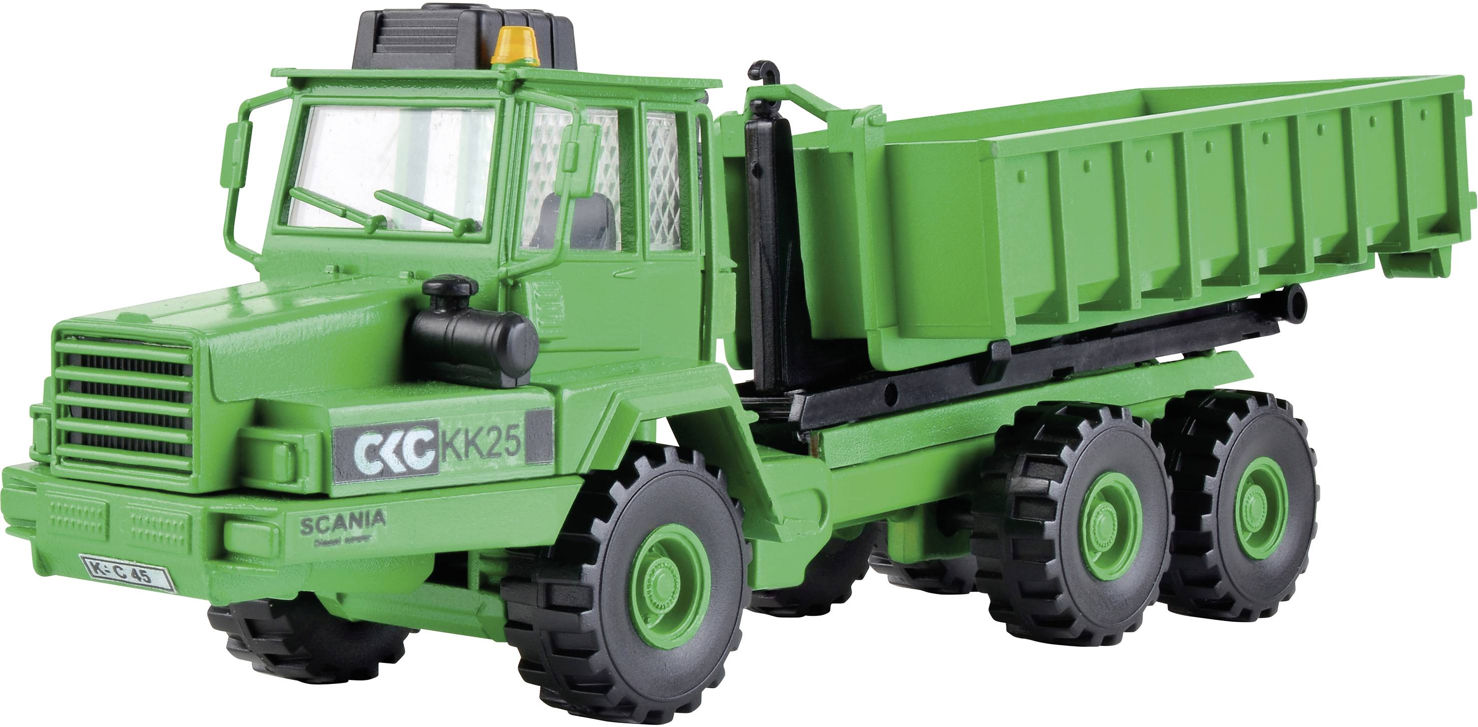 Model igračke zelenog kamiona s šest kotača i otvorenim tovarnim prostorom. Označen natpisima 'CKC' i 'XX25' sa strane.