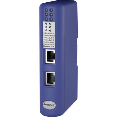 Plavi industrijski mrežni uređaj s dva Ethernet priključka i LED indikatorom za status modula, mreže i povezivanja.