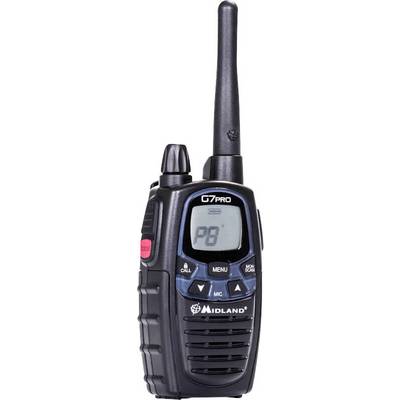 Prijenosna radio stanica s antenom. Prikazuje broj kanala 'PG' na digitalnom zaslonu. Oznake: 'Midland', 'G7 Pro'.