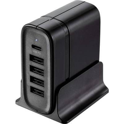 Crni USB punjač s četiri USB priključka i USB-C PD priključkom, postavljen na stolu.