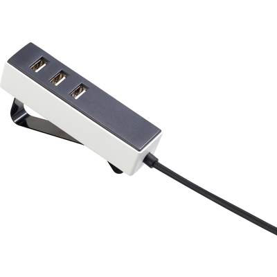 Bijeli USB hub s tri priključka i spojenim kabelom.