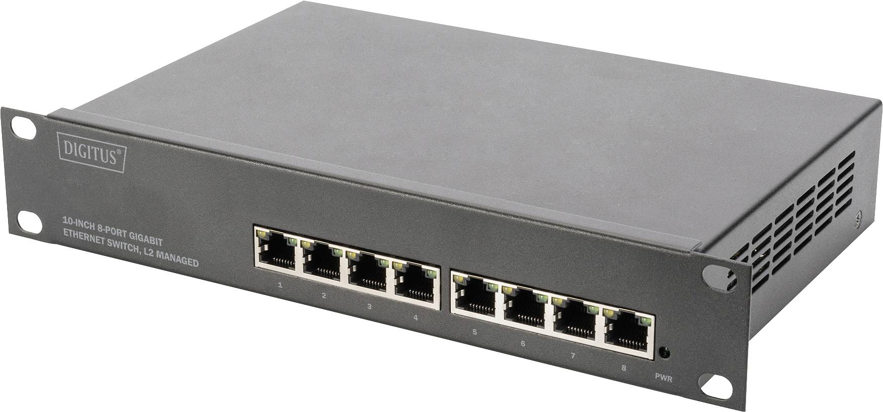 Rackmount-uređaj za mrežno povezivanje s 8 Gigabit Ethernet priključaka i natpisom 'DIGITUS'. Idealan za mrežno upravljanje u poduzećima.
