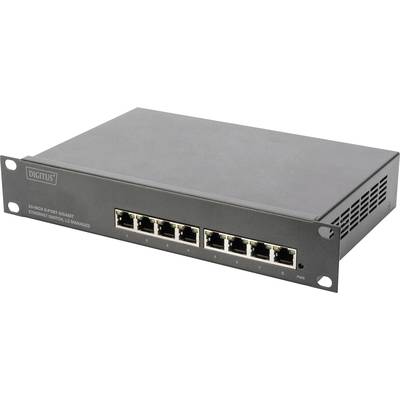 Rackmount-uređaj za mrežno povezivanje s 8 Gigabit Ethernet priključaka i natpisom 'DIGITUS'. Idealan za mrežno upravljanje u poduzećima.