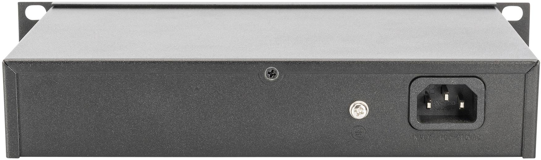 Crni, pravokutni mrežni switch s metalnim kućištem, pogled straga prikazuje priključak za napajanje i vijčane nosače.