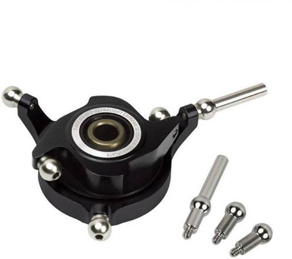 Crni i srebrni mehanički alat s više nastavaka prikazan na bijeloj pozadini.
