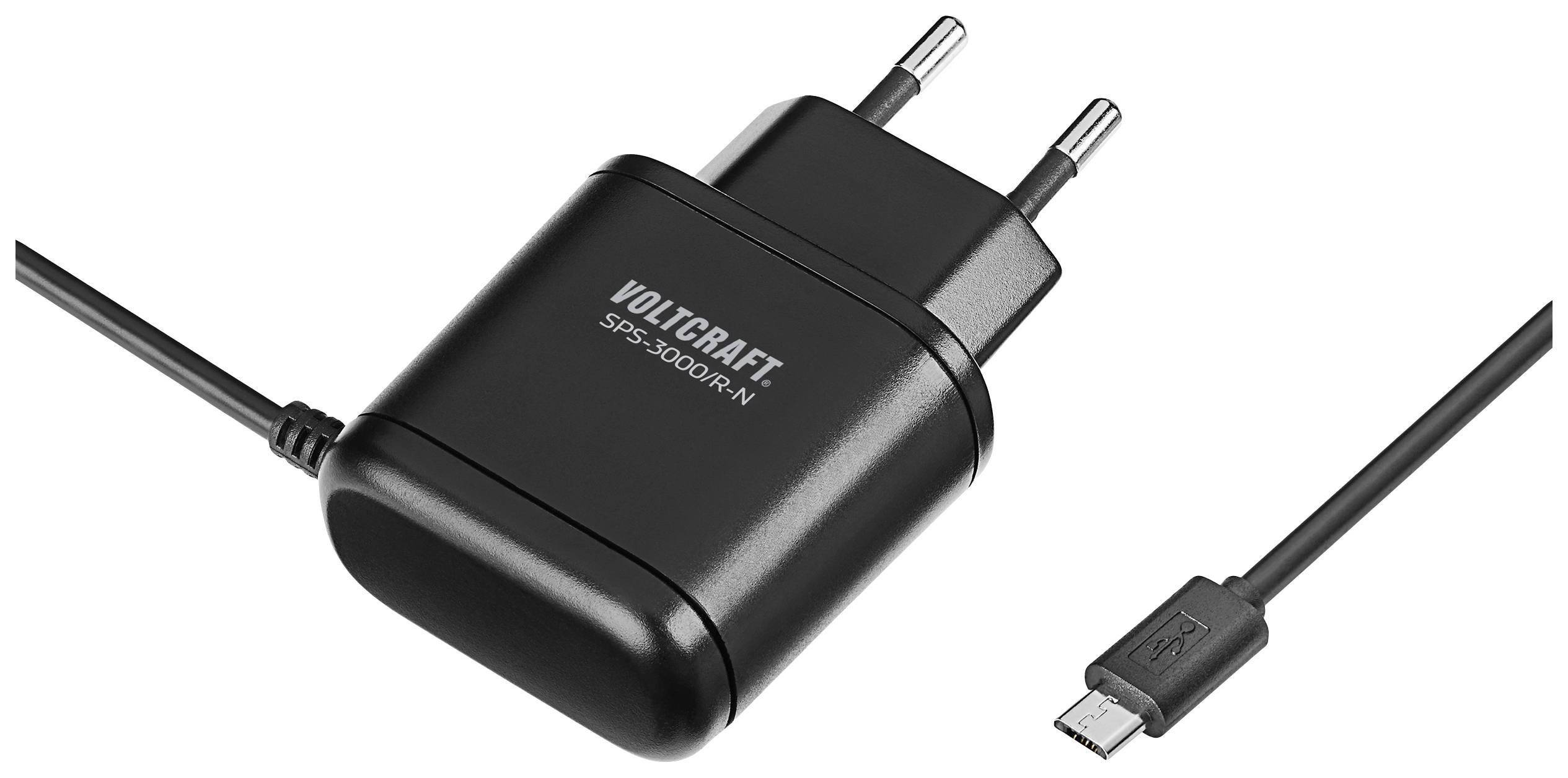 Crni mrežni adapter s uklonjivim Micro-USB kabelom, napon 5V, struja 3A. Utikač pogodan za EU utičnice. Model: VOLTCRAFT SPS-3000/BR-N.