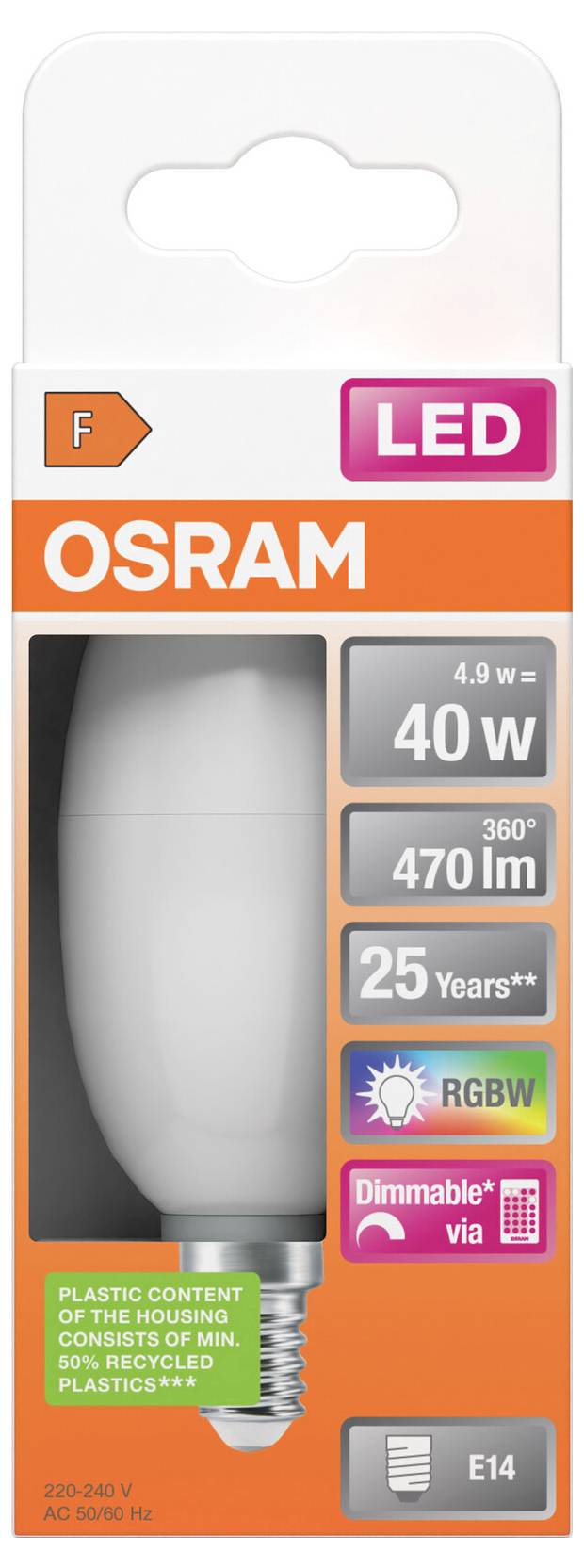 OSRAM LED žarulja - ambalaža prikazuje žarulju od 4,9 W, ekvivalent 40 W sa 470 lm, 25 godina, RGBW, prigušiva, baza E14 i ambalaža od doma bez plastike