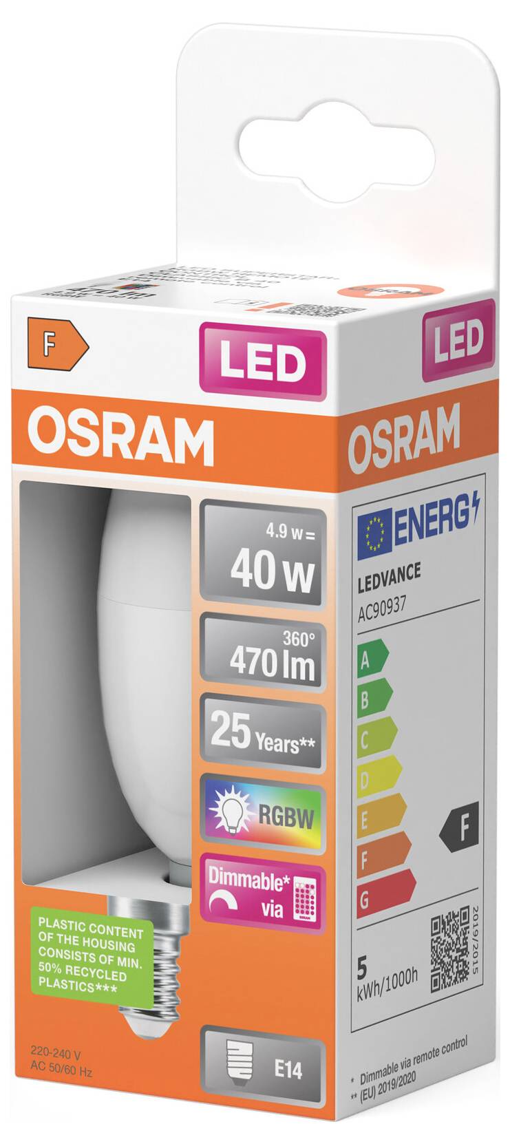 OSRAM LED žarulja u pakiranju s vidljivom žaruljom, označena kao ekvivalent 40 W, 470 lm, prigušivanja, RGBW, podnožje E14 i energetska klasa F.