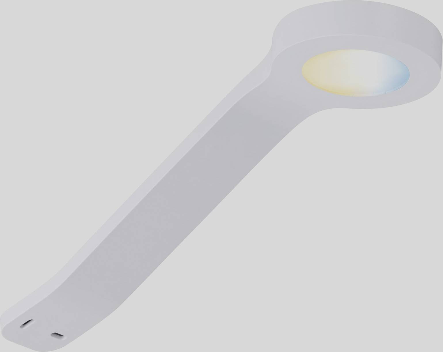 Moderna LED zidna lampa u bijeloj boji sa savijenim krakom i okruglom, svijetlećom glavom koja emitira toplu svjetlost.