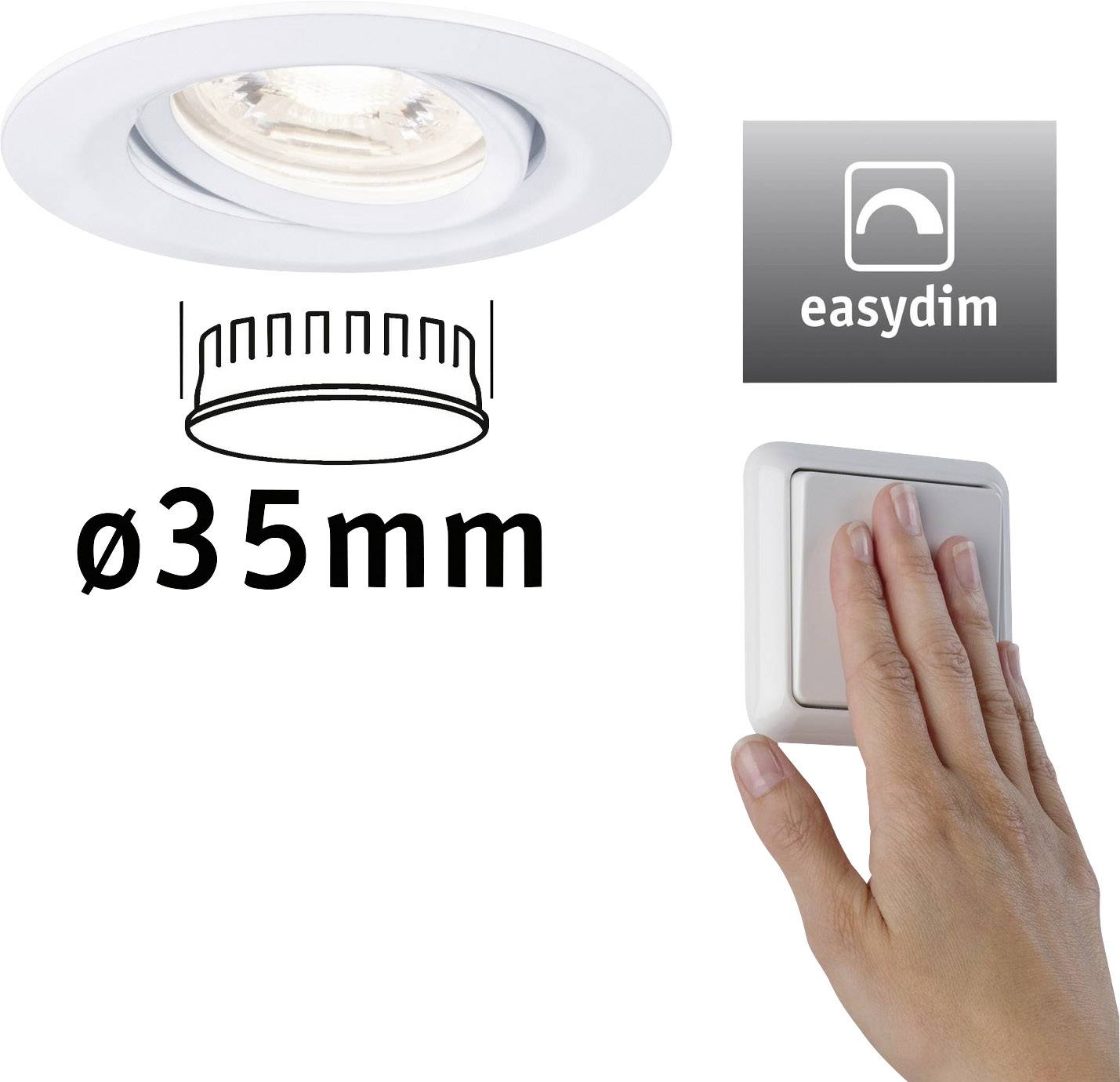 Ugradbena svjetiljka promjera 35 mm. Jedna ruka uključuje sklopku za osvjetljenje. Vidljiv simbol za 'easydim' funkciju.