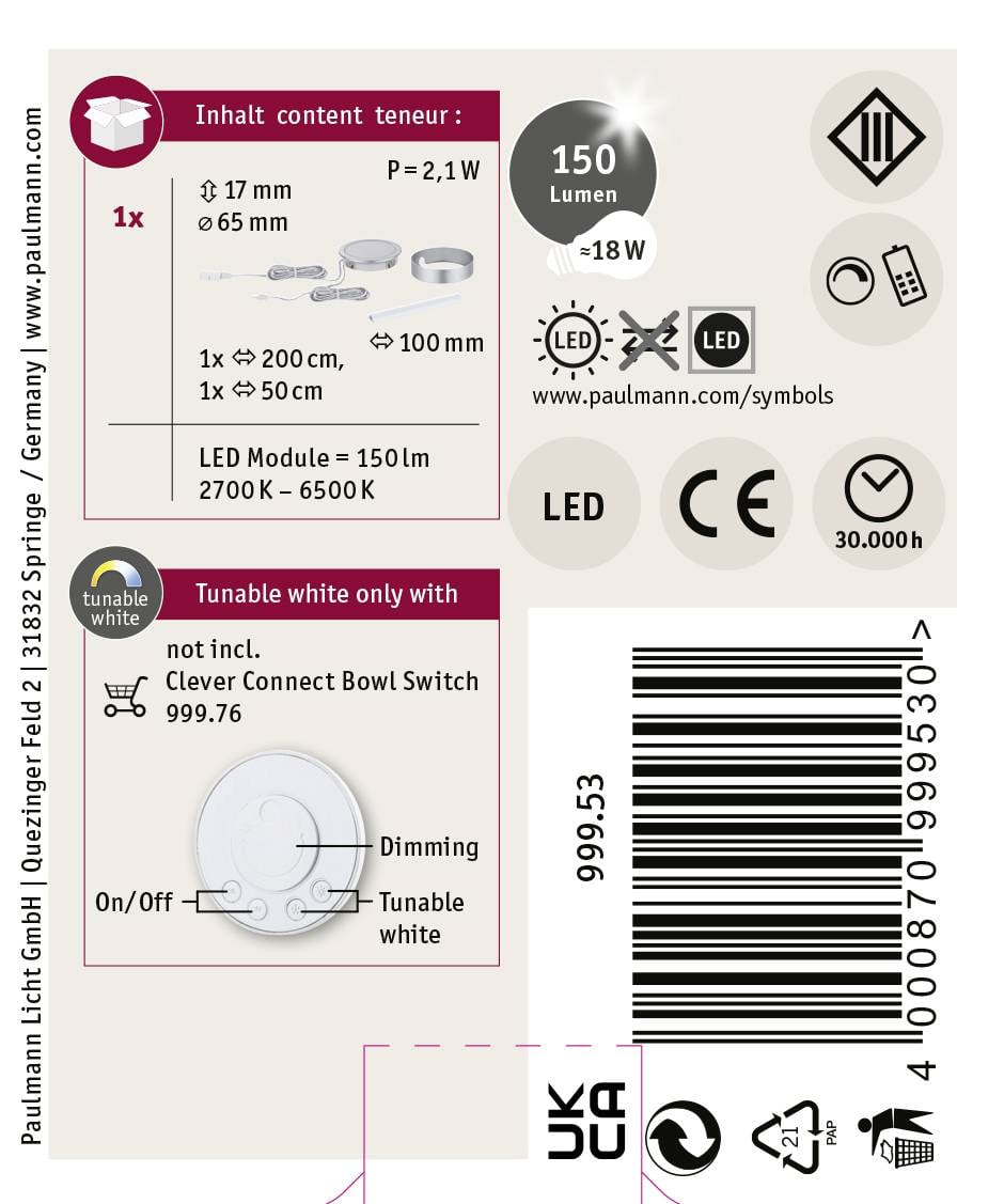LED-modul, Ø 150 mm, 150 lumena, 2700K - 6500K, prigušiv, potrošnja energije 2,1 W, vijek trajanja 30.000 sati. Simboli: LED, CE.
