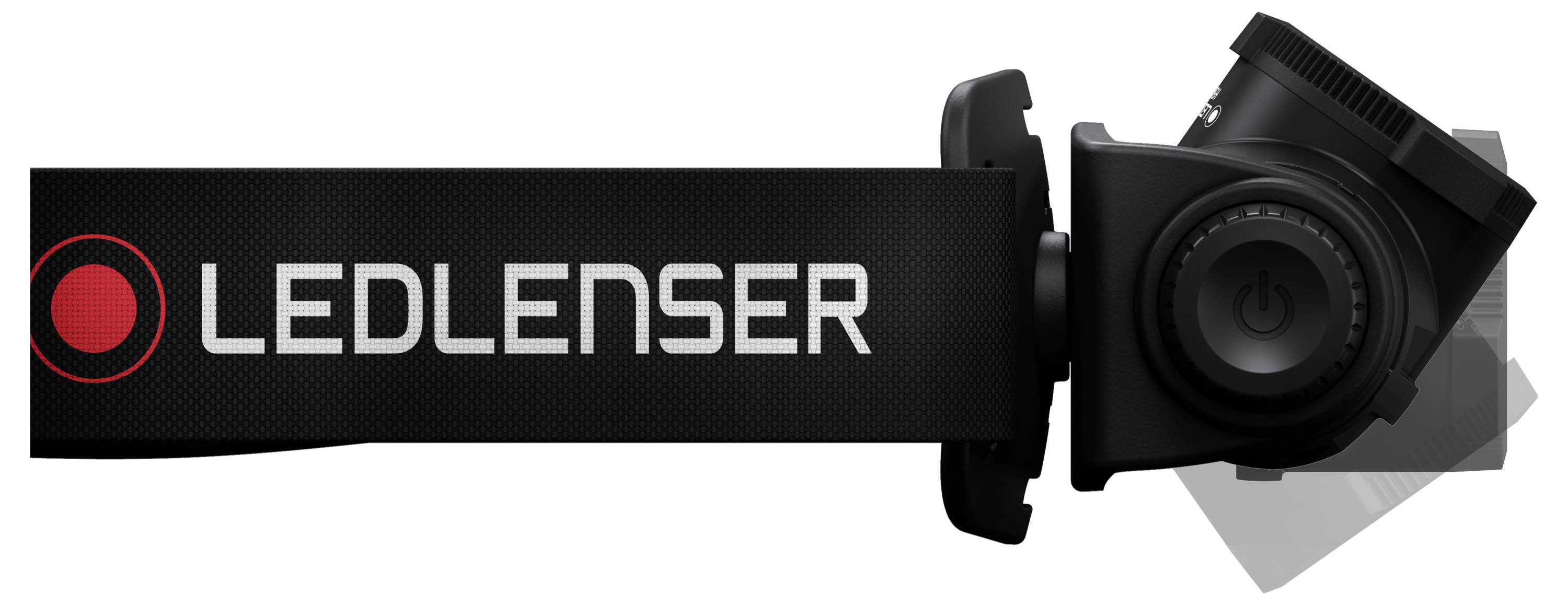 LEDLENSER čeona lampa s logotipom, crnim remenom i okruglom svjetlosnom jedinicom s desne strane.