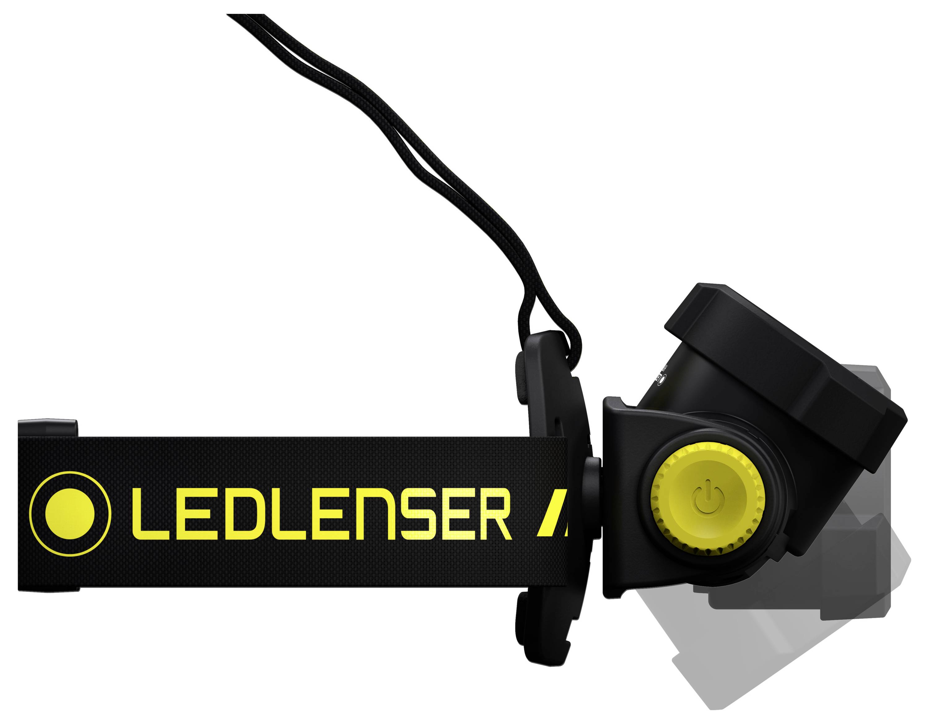 Čeona lampica LEDLENSER-a s crnom trakom i žutim prekidačem, pogled sa strane. Naziv marke dobro je vidljiv na traci.