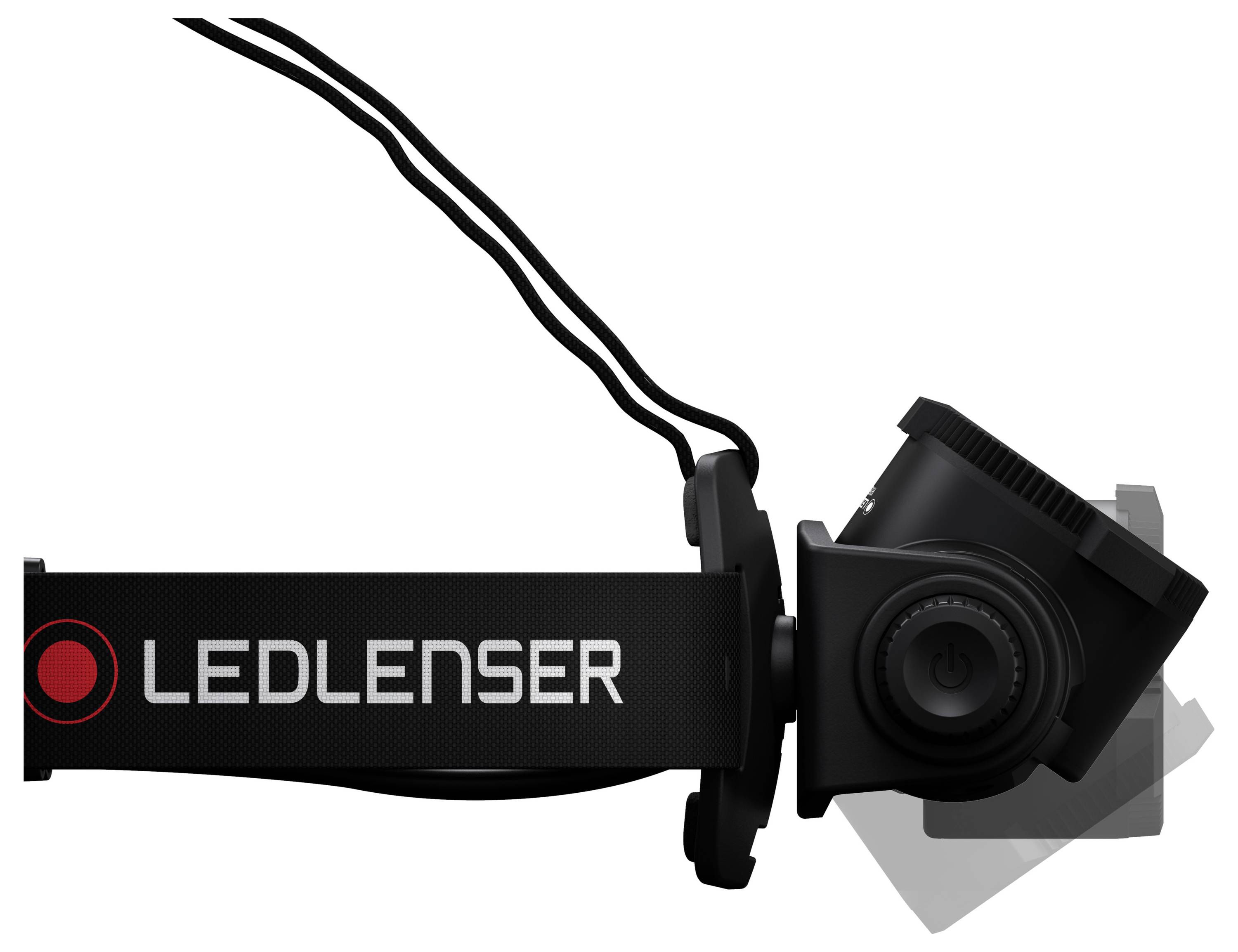 Crna Ledlenser čeona lampa s elastičnom trakom s logotipom i priloženim kablom za napajanje, prikazana u bočnom prikazu na bijeloj pozadini.