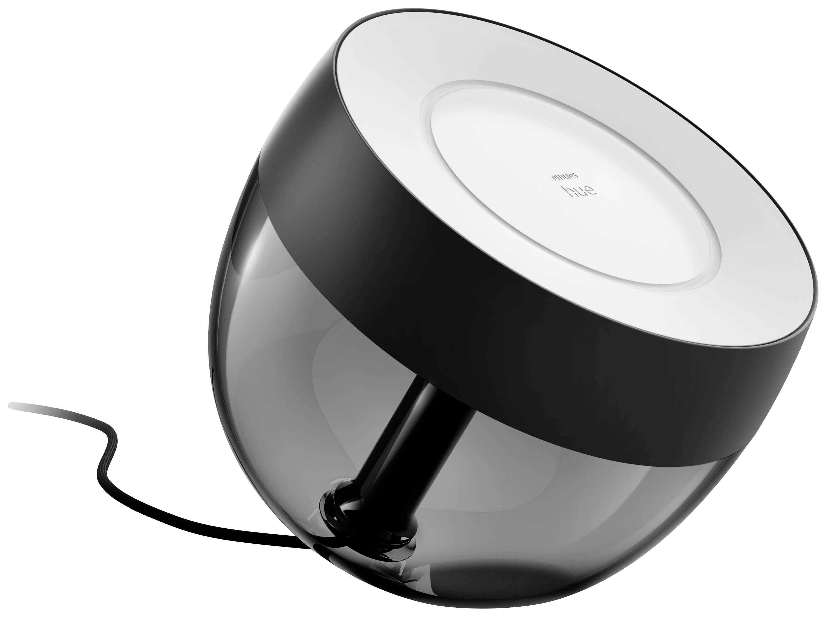 Crna Philips Hue stolna lampa s prozirnim kućištem, priključena na crni kabel.