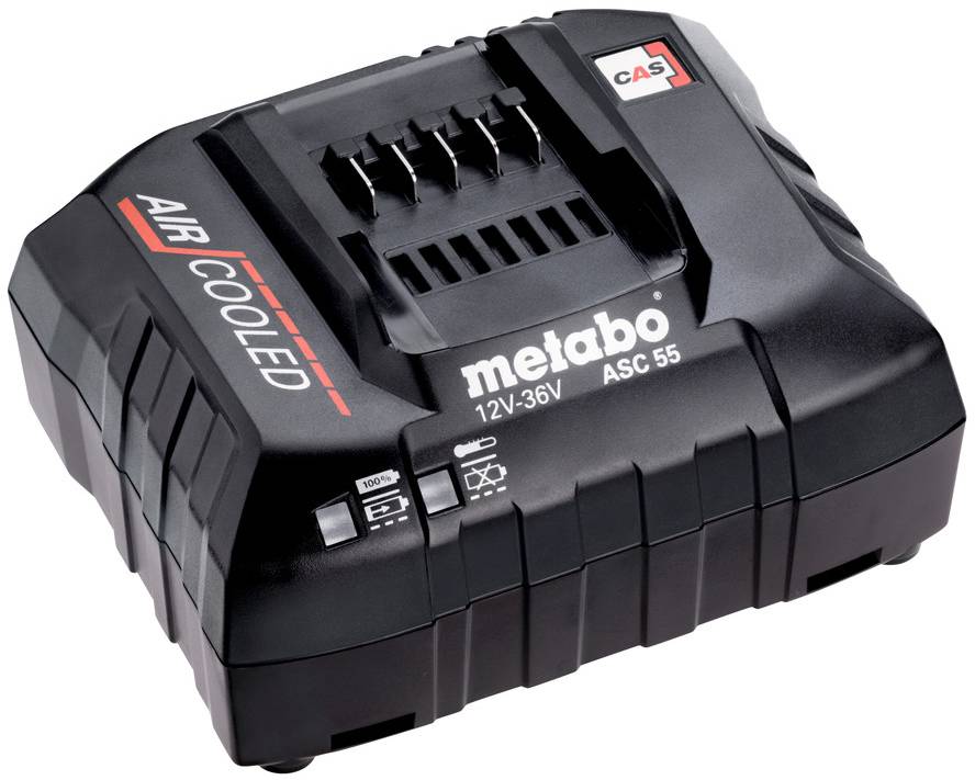 Crni Metabo ASC 55 punjač baterije označen s 'AIR COOLED' i '12V-36V' na bijeloj pozadini.