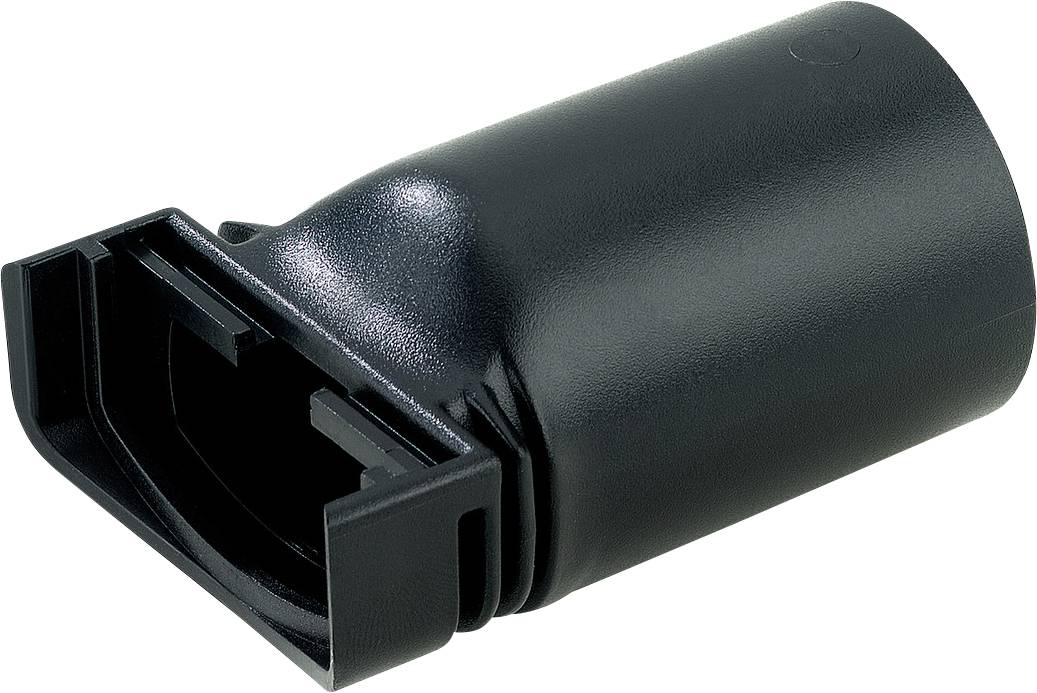 Crni cilindrični plastični adapter ili mlaznica s pravokutnim otvorenim krajem, prikazan na običnoj bijeloj pozadini.