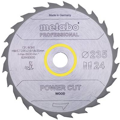 Metabo Professional Power Cut drvena kružna pila, označena promjerom od 235 mm i 24 zuba, sa žuto označenim centralnim otvorom.