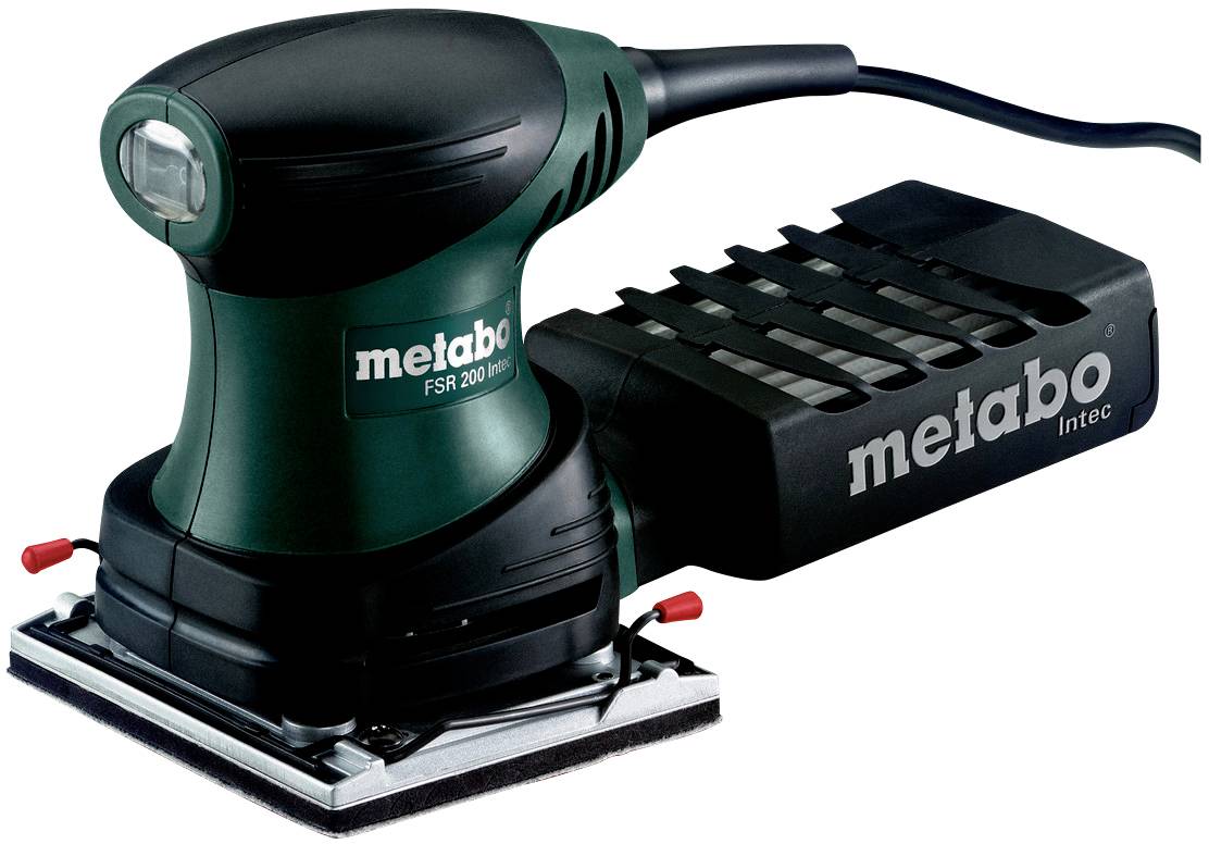 Zeleni i crni električni Metabo-Intec brusilica s pravokutnom bazom i ergonomskim dizajnom.