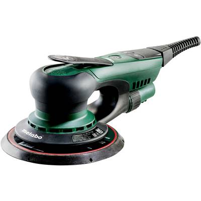 Zeleni električni ekscentarski brusilica s crnom ručkom i crvenim brusnim diskom. Marka "metabo" vidljiva na donjem dijelu.