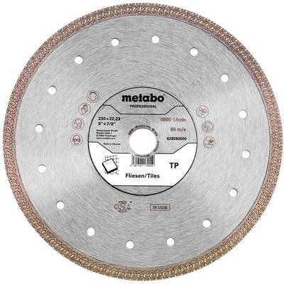 Metabo Professional dijamantna kružna testera označena sa 'Fliesen/Tiles', 230 mm, s centralnom rupom za osovinu i reznim segmentima za rezanje pločica.