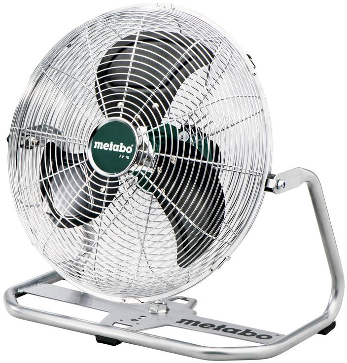 Metabo metalni ventilator za pod s velikom žičnom zaštitom i tri crne lopatice na srebrnom postolju.