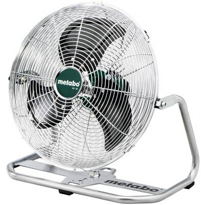 Metabo metalni ventilator za pod s velikom žičnom zaštitom i tri crne lopatice na srebrnom postolju.