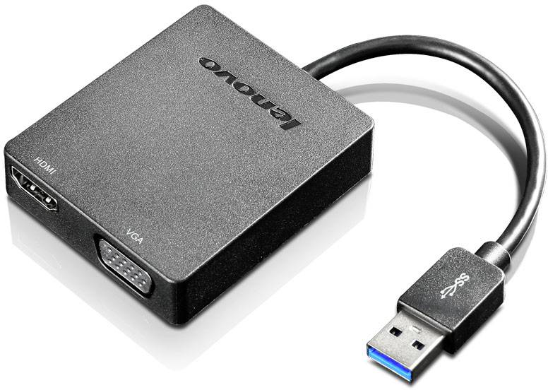USB 3.0 HDMI/VGA adapter od Lenova, crne boje, omogućava priključivanje HDMI i VGA uređaja na USB priključak.