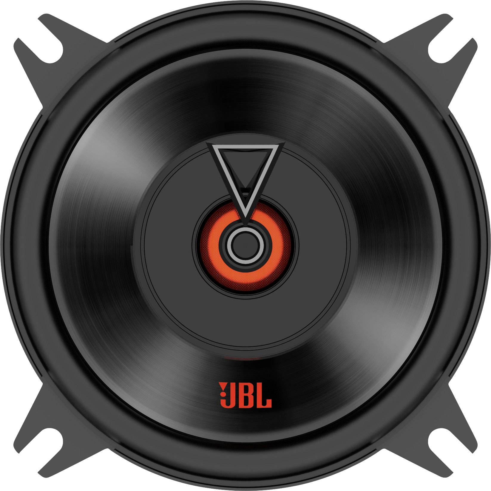Crni zvučnik s narančastim JBL logotipom u sredini, okruglog oblika s četiri točke učvršćivanja na uglovima.