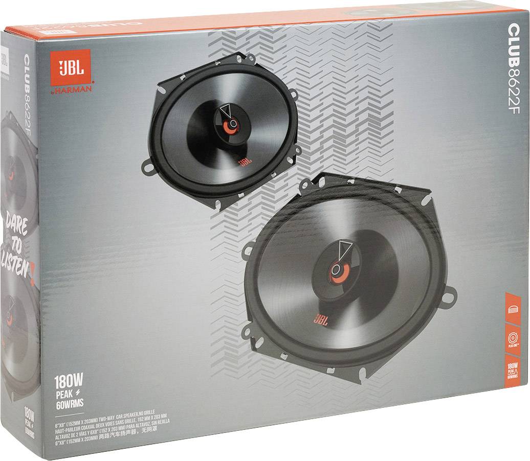 Paket JBL zvučnika s dva zvučnika. Tekst: '180W vršna snaga, 60W RMS'. Broj modela CLUB 8622F.