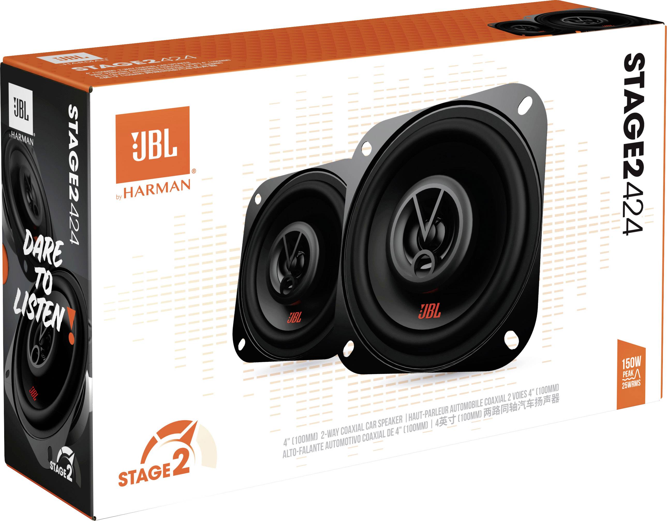 'JBL Stage2 424' kutija zvučnika s dva koaksijalna autozvučnika. Natpis: 'Usudi se slušati', snaga 150W.