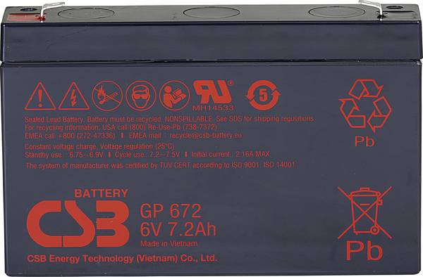 CSB Battery GP 672 Standby USV GP672F1 olovni akumulator 6 V 7.2 Ah olovno-koprenasti (Š x V x D) 151 x 101 x 34 mm plosnati priključak 4.8 mm, plosnati priključak 6.35 mm bez održavanja, nisko samopražnjenje