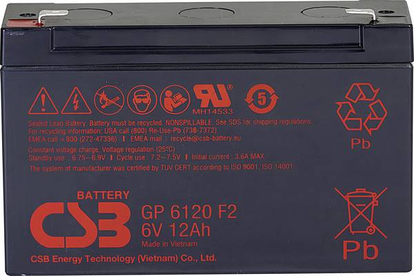 CSB Battery GP 6120 Standby USV GP6120F2 olovni akumulator 6 V 12 Ah olovno-koprenasti (Š x V x D) 151 x 101 x 50 mm plosnati priključak 4.8 mm, plosnati priključak 6.35 mm bez održavanja, nisko samopražnjenje