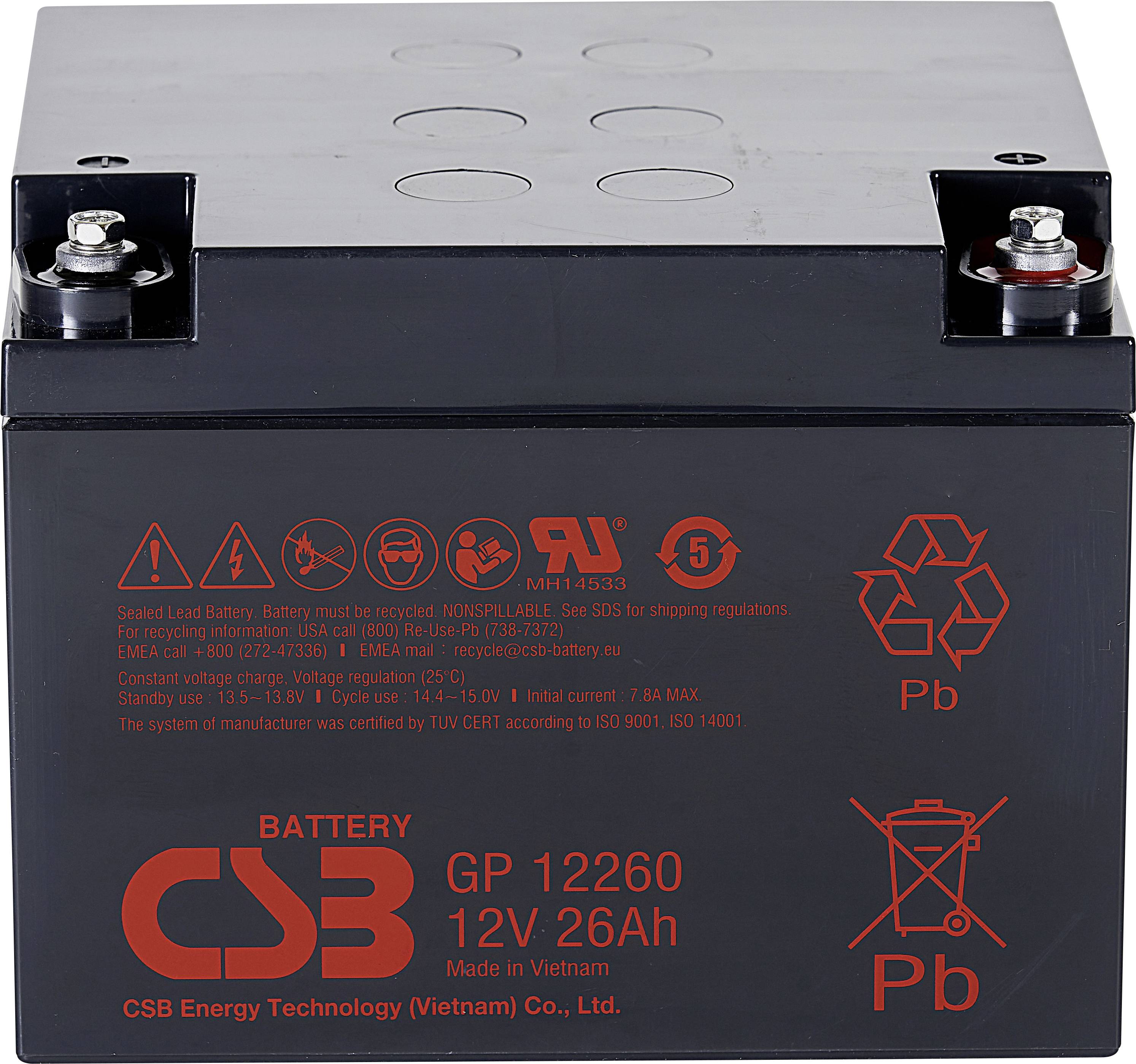 CSB Battery GP 12260 Standby USV Loodaccu 12 V 26 Ah Loodvlies (AGM) (b x h x d) 166 x 125 x 175 mm M5-schroefaansluiting Onderhoudsvrij, Geringe zelfontlading