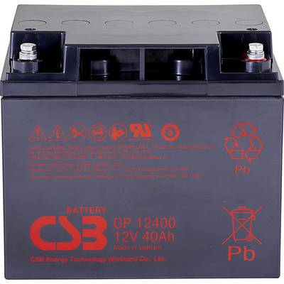 Olovno-kiselinska baterija, model GP 12400, 12V 40Ah, proizvedena u Vijetnamu; crni kućišt sa crvenim simbolima upozorenja i logotipom marke.