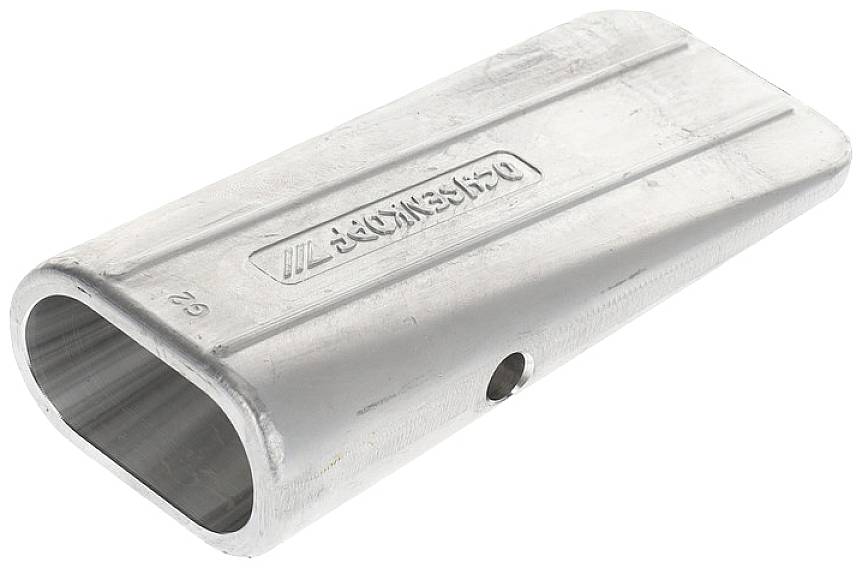 Metalni spoj, pravokutan i šupalj, s logotipom 'SCHLOSSER' na gornjoj strani, koristi se za spajanje cijevi ili profila.