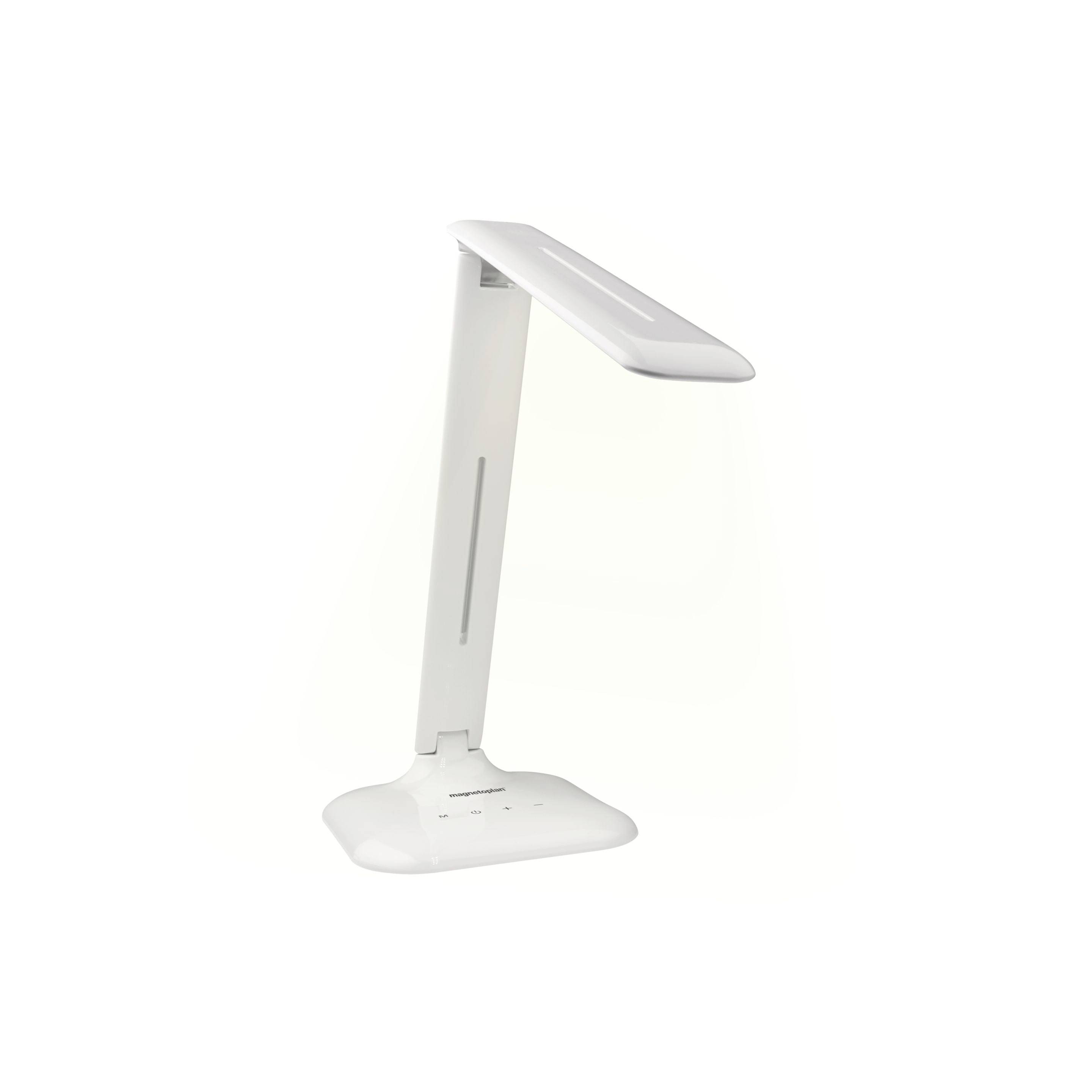 Bijela, vitka LED stolna lampa, postavljene okomito, modernog dizajna, idealna za radne prostore.