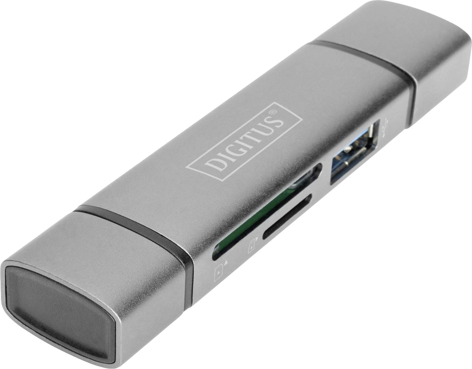 USB-C hub s više priključaka, uključujući USB i microSD utore, u kompaktnom sivom kućištu.