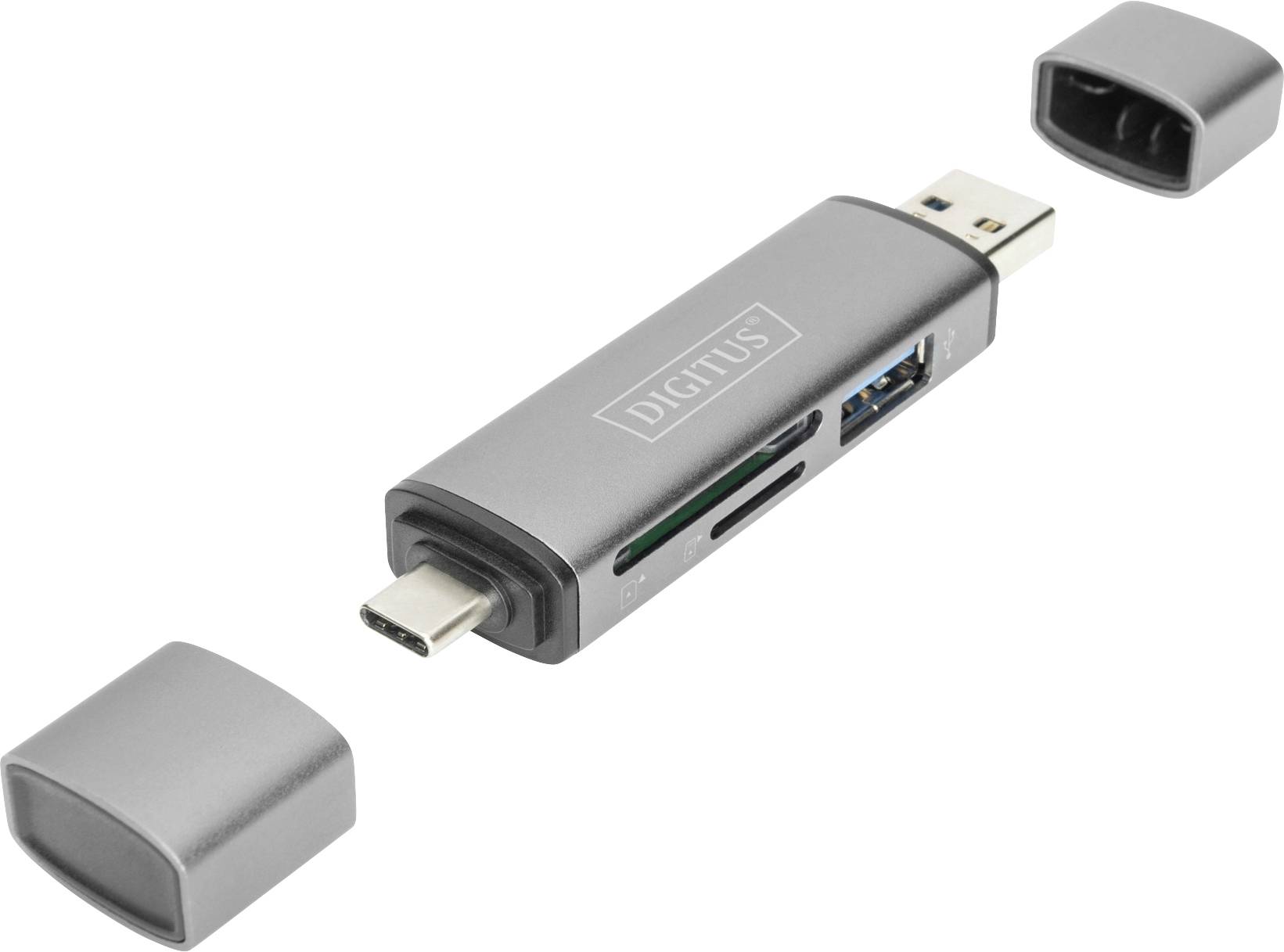 USB hub s više priključaka, uključujući USB-C i USB-A, te čitače kartica. Poklopci su uklonjeni.