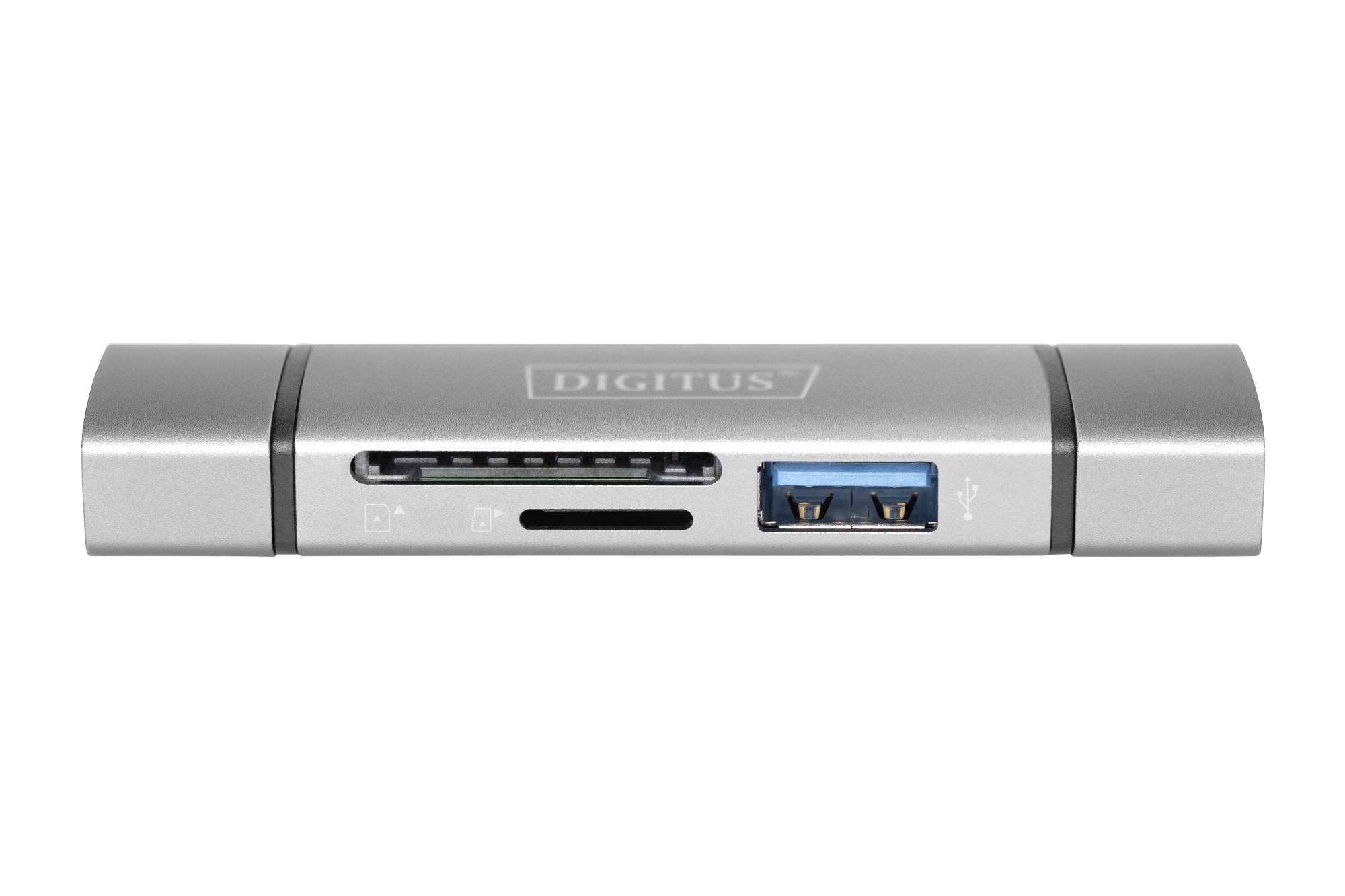 Srebrni USB-hub s jednim USB priključkom i čitačem SD kartica.