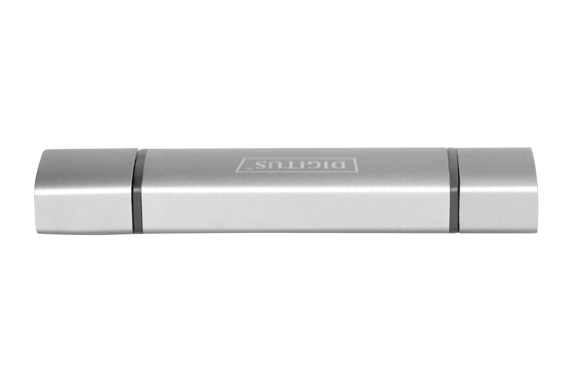 Sivi USB stick pravokutnog dizajna s dva crna prstena na krajevima. U sredini je urezan logotip.