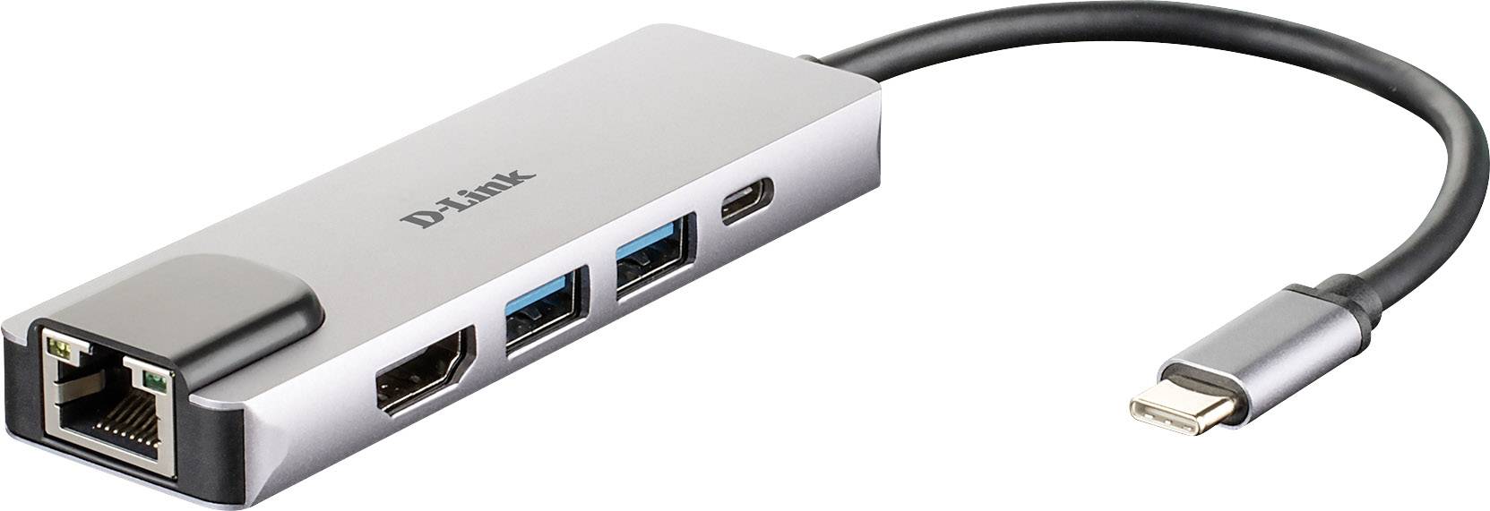 USB-C priključni adapter s dva USB porta, HDMI priključkom, Ethernet priključkom i USB-C napajanjem; pogodan za više uređaja.